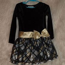 Bonnie Jean Dresses | Girl's Black Velvet Dress Size 4T By Bonnie Jean Plaid Top Tulebottomgoldsequins | Color: Black/Gold | Size: 4Tg