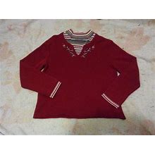 Vintage Haband Women's Red Striped Floral Long Sleeve V Neck Sweater