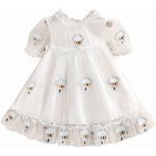 Canrulo Princess Kids Girls Summer Dress Puff Sleeve Embroidered Rainy Mesh Lace Knee Length Tutu Dress White 4-5 Years