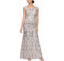 Alex Evenings Women's Petite Long Sleeveless Embroidered Fit And Flare Dress With Square Neckline