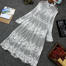 Women Lace Mesh Dress Sexy Sheer Embroidery Floral Long Sleeve Tunic Underdress