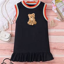 Cartoon Cute Bears Print Ruffle Hem Dress For Kids, Casual Cotton Sleeveless Dress, Girl's Clothing,Black,Trending,Temu