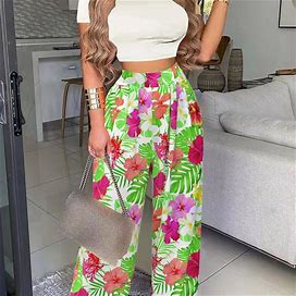 Floral Print T-Shirt, Women's Casual Matching Set Short Sleeve Crop Floral Print Wide Leg Pants Outfits Women's Clothing T-,Multicolor,Reliable,Temu