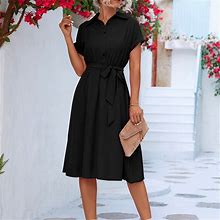 Solid Color Lapel Neck Dacron And Spandex Shirt Dress, Women's Button Up Belted Shirt Dress Vacation Short Sleeve Women's,Black,Must-Have,Temu
