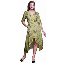 Bimba Cotton Yellow Leaves & Ranunculus Floral Womens Asymmetrical Pocket Shift Dress Summer Party Midi Dress-Small