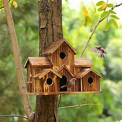 Bird House, Bird House For Outside, Wooden Bird Houses For Outside Hanging, 6 Hole Handmade Natural Bird House