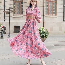 Women Ethnic Floral Embroidered Maxi Dress Printed Lantern Sleeve