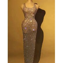 Crystal Water Diamond Women's Sleeveless Long Dress Mesh Evening Dress