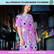 Pastel Goth Menhera Kei Dress | Yami Kawaii Japanese Style Harajuku Anime Tee Shirt Dresses For Women | Petite 2XS Plus Size 6XL T-Shirt