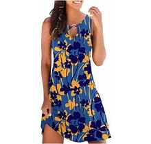 Fartey Beach Dresses For Women Cutout Crewneck With Ring Casual Dresses Tunic Fit Floral Print Vacation Beach Mini Dress