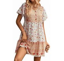 Hubery Women Boho Floral Print Round Neck Buttons Short Sleeve Tiered Dress
