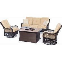 Hanover Orleans Tan Wood Outdoor 4-Piece Woven Lounge Set With Fire Pit Table - Brown/Tan
