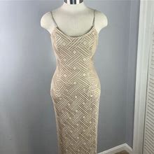 Cache Dresses | Vintage Cache Metallic Knit Crystal Strap Gown | Color: Tan | Size: 2