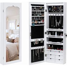 6-Drawers Wooden Wall Hanging White Jewelry Armoire Cabinet - N/A