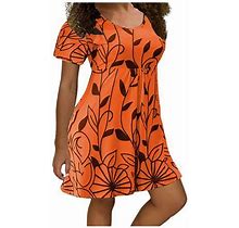 Summer Dress Saving! Women's Casual Plus Size Dresses Floral Print Short Sleeves Short Leisure Dress Orange L
