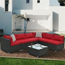 Highsound 7 Piece Patio Furniture Set, Outdoor Sectional Sofa PE Rattan Conversation Set With Table & Thickened Cushions For Garden Lawn Poolside, Red