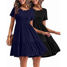 Huukeay 2 Pack Women's Casual Summer Dresses, Crew Neck Ruffle T Shirt Dress Short Sleeve Flowy Tiered Pleated Tunic Dresses