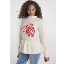 Women's Rose Detail Peplum Sweater - Off White & Red, Size 3X By Venus