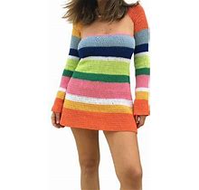 Canrulo Women Vintage Square Crochet Knitted Dress Halter Neck Hollow Out Striped Mini Dresses Crocheting Streetwear Colorful S