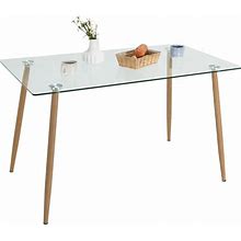 Moccha 51" Glass Dining Table, Modern Rectangular Table With Spacious Tempered Glass Tabletop & Wood Grain Metal Legs, Adjustable Foot Pads,