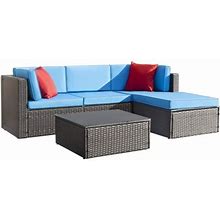 Devoko 5 Pieces All Weather Outdoor Sectional Sofa Manual Weaving Wicker Rattan Patio Conversation Set With Cushion And Glass Table (Navy Blue)