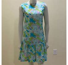 Vintage 60'S 70'S Dress Size M Blue Multicolor Watercolor Floral Drop