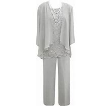 KAJUMI 3 Pieces Wedding Pant Suits For Women 3/4 Sleeves Lace Appliques Silver Long Flowy Pants Suits For Women Dressy Size 14