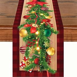 1Pc, Linen Table Runner, Merry Christmas Theme Table Runner, Pine Leaf Christmas Table Cover,Temu