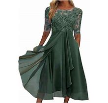 Fsqjgq Dinner Dress Female A Line Women's Tea Length Embroidery Lace Chiffon Dress Green Size M