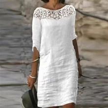 Jngsa Women's Midi White Dress Summer Solid Color Cotton Loose Dress V-Neck Lace Half Sleeve Dress Party Club Dress 8