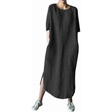 Xiuh Women's Dress Fashion Women Solid Color Cotton And Linen Long Sleeve O-Neck Fold Casual Dress Black L