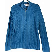 Croft Barrow Tunic Sweater Women Size XL Blue Cable Knit 1/4 Zip 100% Cotton