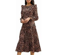 Aoochasliy Clarance Dresses For Women 2022Women Fashion Casual Printed Round Neck Leopard Print Ruffled Long Sleeve Dress