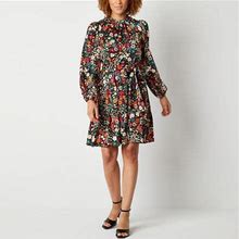 Maia Long Sleeve Floral Fit + Flare Dress | Black | Womens 14 | Dresses Fit + Flare Dresses | Tie-Waist