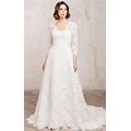Vintage Lace A Line Floor-Length 3/4 Length Sleeve Button Modest Wedding Dress - White, Size 20 By Dorris Wedding
