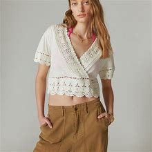 Lucky Brand V Neck Crochet Top - Women's Clothing V Neck Tops Tee Shirts In Cloud Dancer, Size 2XL - Shop Spring Styles