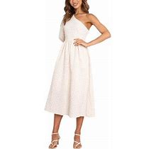 Cocopeaunt Women Summer One Shoulder Puff Sleeve Plaid Midi Dress, Beige Casual Elegant Long A-Line Swing Dress Spring Party Holiday