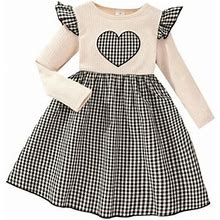 Canis Crew Neck Plaid Heart Fall A-Line Dress For Girls With Long Sleeves