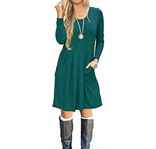 Auselily Womens Long Sleeve Pleated Loose Swing Casual Dress With Pockets Knee Length M Dark Green, 01-Dark Green, Medium