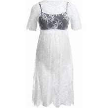 Bonixoom Spring Dresses For Women 2024 Multi-Theme Casual Crew Neck Tab Short Sleeve Lace Dress Solid White Dresses