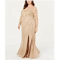 Adrianna Papell Womens Beige Beaded Slitted Gown Long Sleeve Scoop Neck Full-Length Evening Dress 2