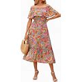 Prettywear Women's 2024 Spring Summer Boho Off Shoulder Midi Dress Floral Short Sleeve A Line Casual Beach Vacation Dresses