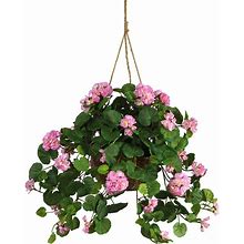 Geranium Hanging Basket Silk Plant, Pink, Artificial Flowers, By Nearly Natural