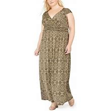 Ny Collection Women's Floral Print Empire Waist Maxi Dress Green Size 1X