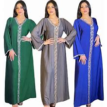 Moroccan Women Muslim Kaftan Abaya Long Maxi Dress V-Neck Party Gown Caftan Robe