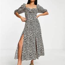 ASOS DESIGN Petite Puff Sleeve Ruched Bust Midi Slit Dress In Animal Print-Multi - Multi (Size: 00)