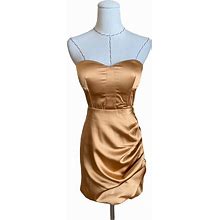 Naked Wardrobe Dresses | Naked Wardrobe The Statement Fitted Bustier Strapless Draped Gold Satin Dress Xs | Color: Gold | Size: Xs