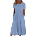 Blue Womens Dresses Dress Casual O Neck Solid Color Short Sleeve Botton Dress With Pocket Casual Long Dress Summer Dresses For Women 2024 Size L