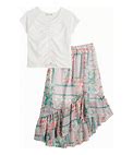 Girls 7-16 Knit Works 2-Piece Short Sleeve Lace Shirred Cinch Top & High-Low Printed Ruffle Skirt Set In Regular & Plus Size