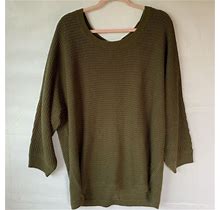 Venus 3/4 Sleeve Faux Button Back Womans Pullover Sweater Green Plus